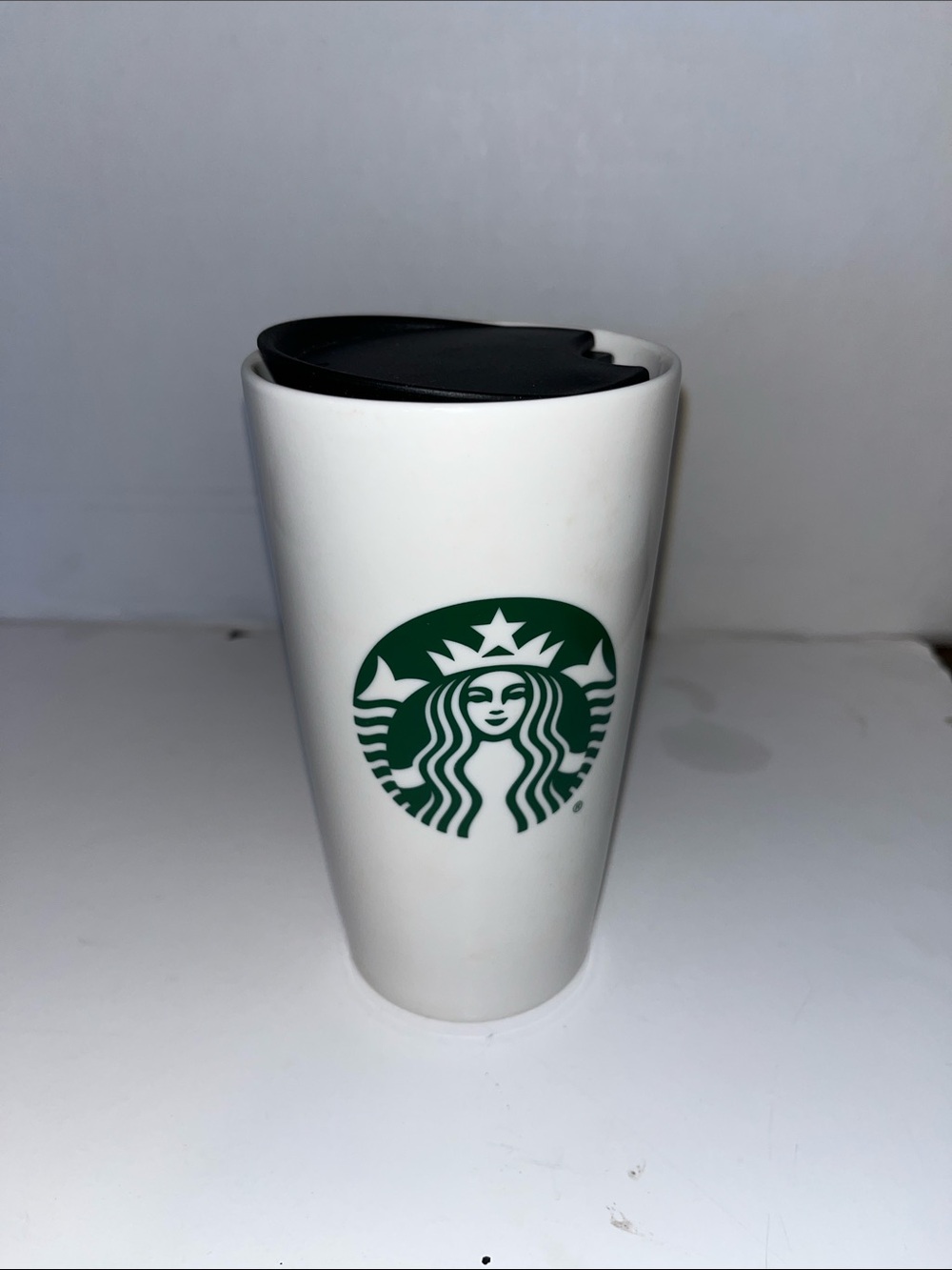 Starbucks White Ceramic Tumbler with Green Siren and Black Lid